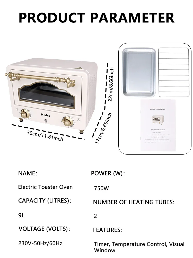 Description Picture 2 of item9L Retro Toaster Oven Multifunctional Household Pizza Electric Oven Meat Grill Bread Timing Baking Machine Kitchen Appliances