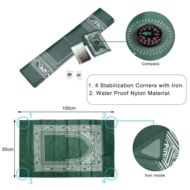 100x60cm Useful Portable Prayer Rug with Compass Kneeling Poly Mat for Muslim Islam Waterproof Prayer Mat Carpet With Bag 4
