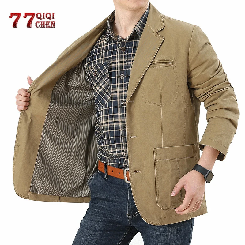 

Blazer Jacket Men Cotton Washed Suit Coats Casual Slim Fit Luxury Business Blazers Jaqueta Masculina Military Jackets 5XL