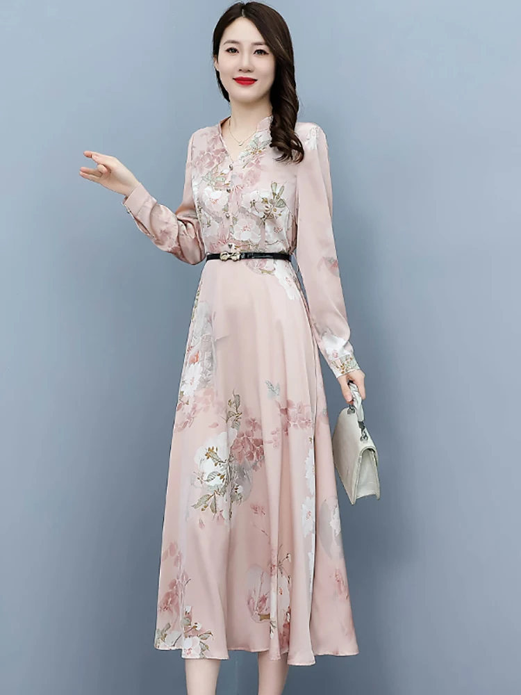 2024 Pink Floral Acetate Satin Casual Long Robe Women Fashion Elegant Chic Party Midi Dress Spring Autumn Bodycon Evening Dress 5