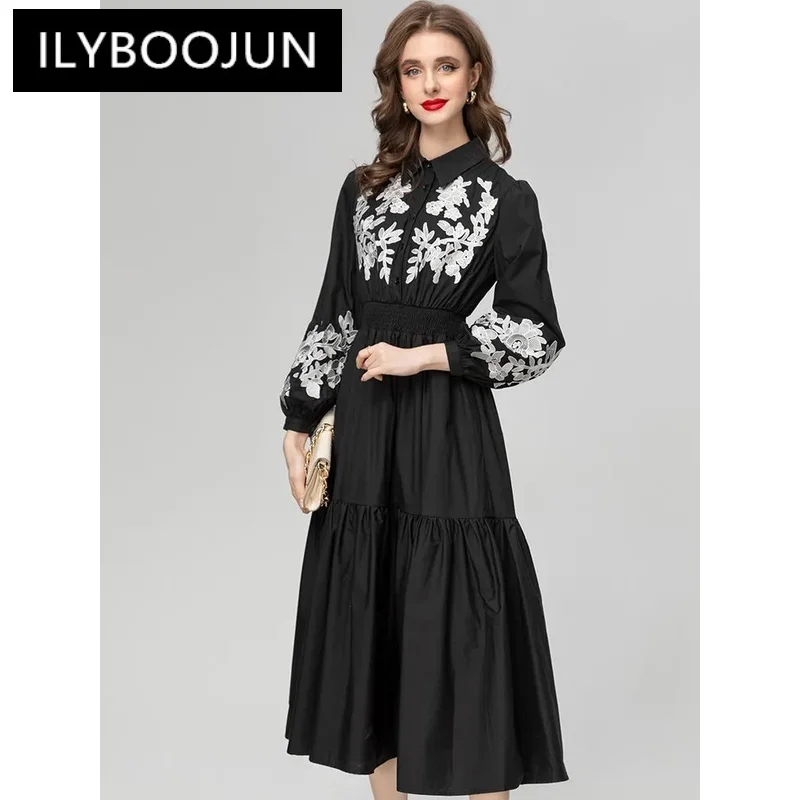 

ILYBOOJUN Autumn Fashion Runway Black Vintage Party Dress Women Lapel Long Sleeve Embroidery High Elastic Slim A-LINE Long Dress