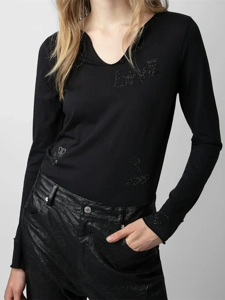 

Women's Tee 2024 New Cartoon Letter Diamond U Neck Casual Solid Color Long Sleeve T-shirt
