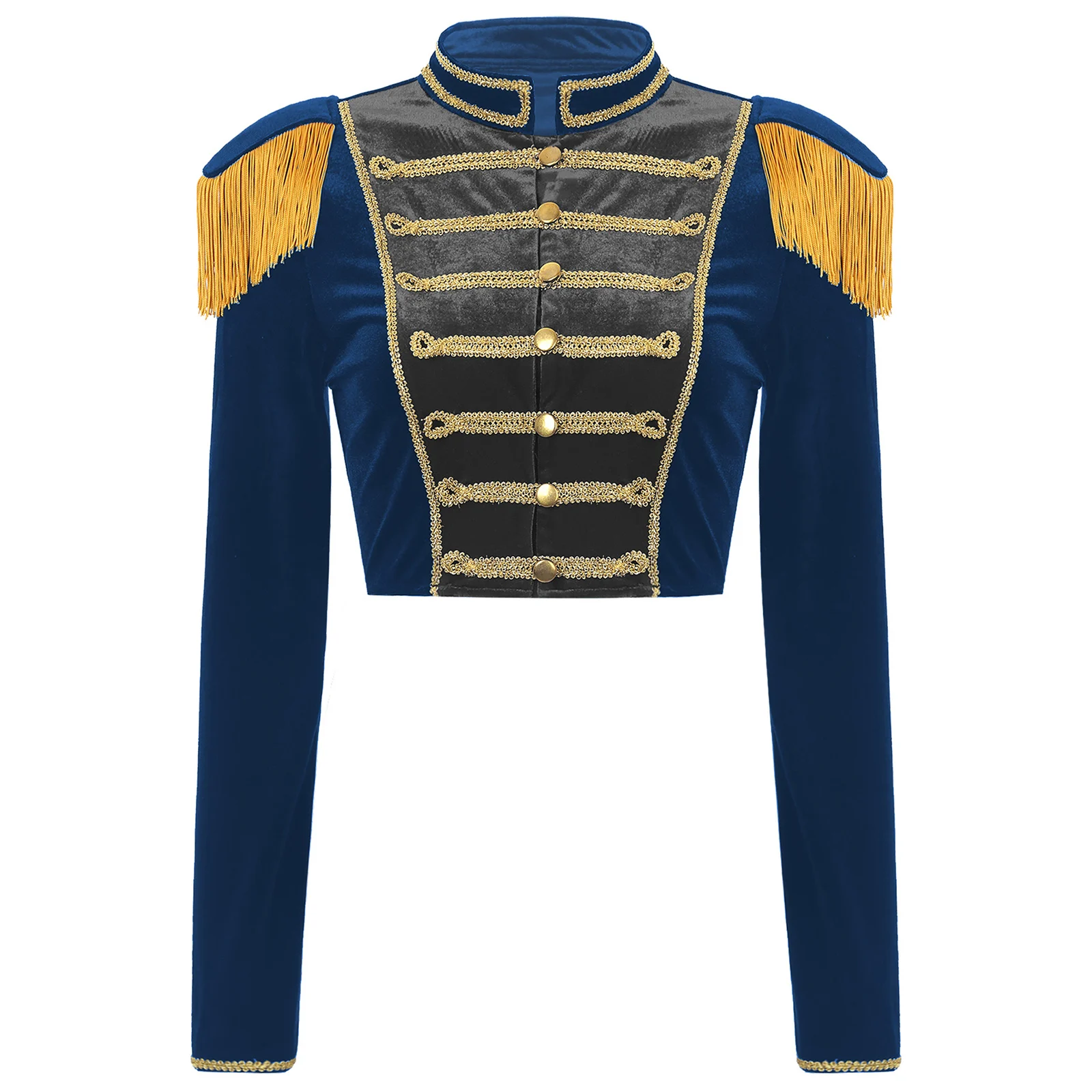 thumbnail image 1 of Chaqueta de juego de rol de maestro de ceremonias de circo para mujer, traje de espectáculo para festival, disfraz de Halloween, abrigo corto de terciopelo de manga larga con cuello alto, 1 of 5