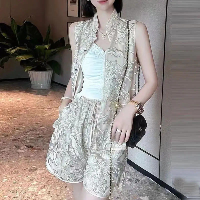 women's spring/summer retro chinese style sleeveless vest elastic waist shorts two-piece retro chinese cheongsam set s328