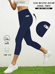 Women's High - Waisted Capri Yoga Pants with Pockets - Super Soft, Tummy Control, 5 - Inch Length - S (Dark Navy Blue)