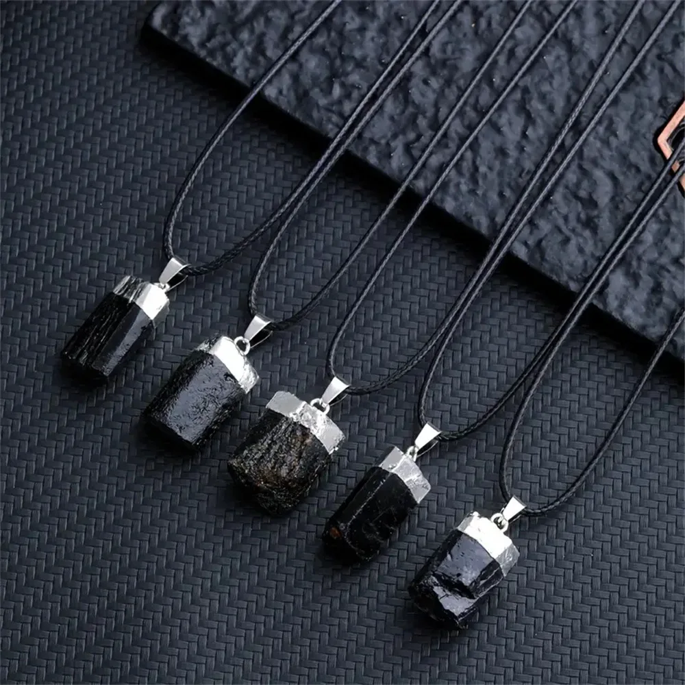 Natural crystal cylinder rough stone black tourmaline pendant irregular electrical stone pillar ore silver-plated hemming neckla 2