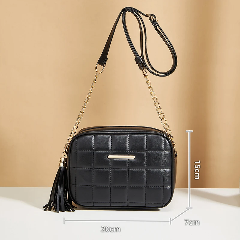 Black Luxury Handbags And Purse Women PU Leather Messenger Shoulder Bag Plaid Female Crossbody Bag Tassel Quilted Brand