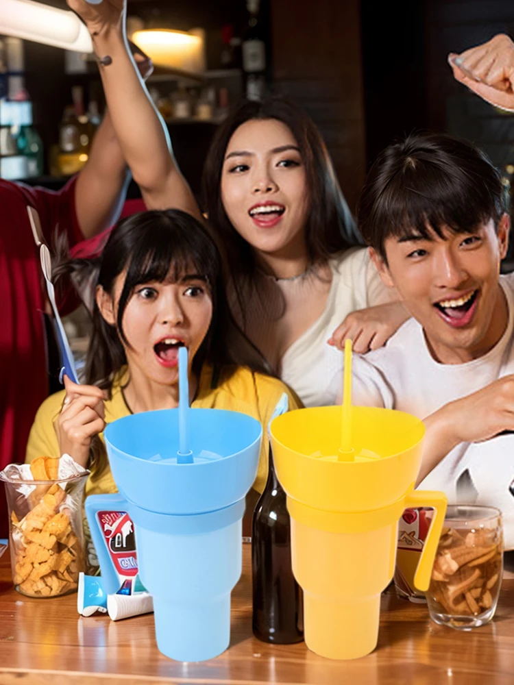 1000ml Snack Cups Straw Leak-Proof Snack and Drink Cup Popcorn Beverage Cup 2 In 1 Color Changing Cinema Home Travel snack bowl drink cup