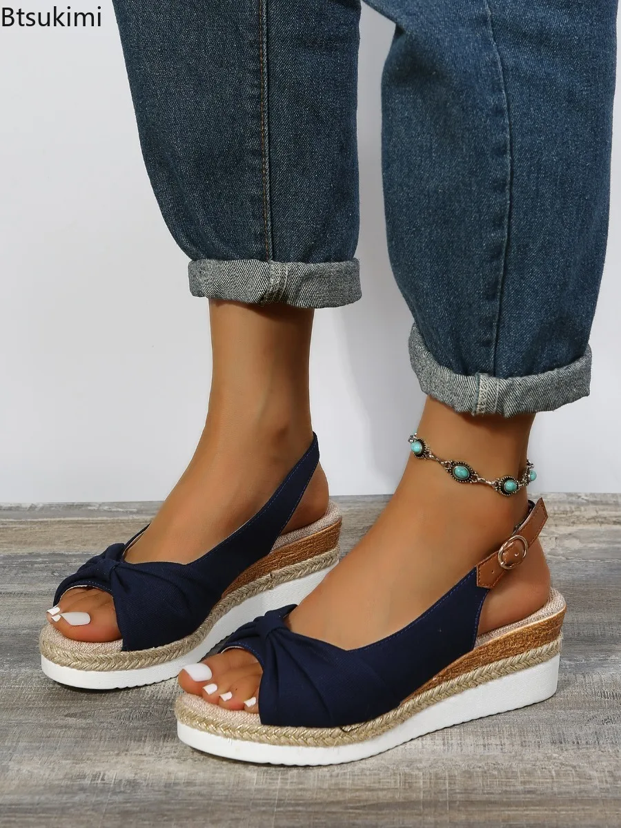 

New 2023 Women's Summer Sandals Wedges Fashion Buckle Peep Toe Light Weight High Heels Sandals with Bow Design Sandalias Mujer