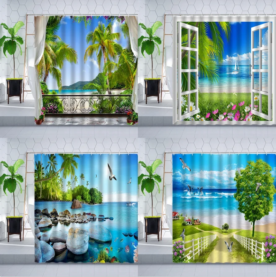 

3d-занавеска для душа с изображением Морского Пейзажа, настенная ткань с рисунком пальмы, цветка, растения, натурального ландшафта, ткань из полиэстера