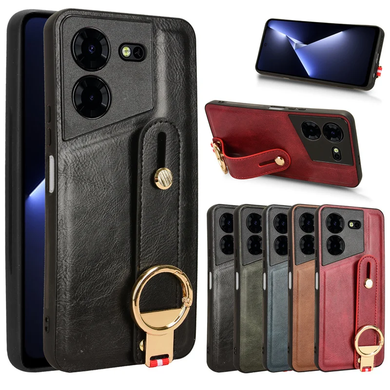 Luxurious Leather Wristband Hand Strap Kickstand Metal Ring Phone Case