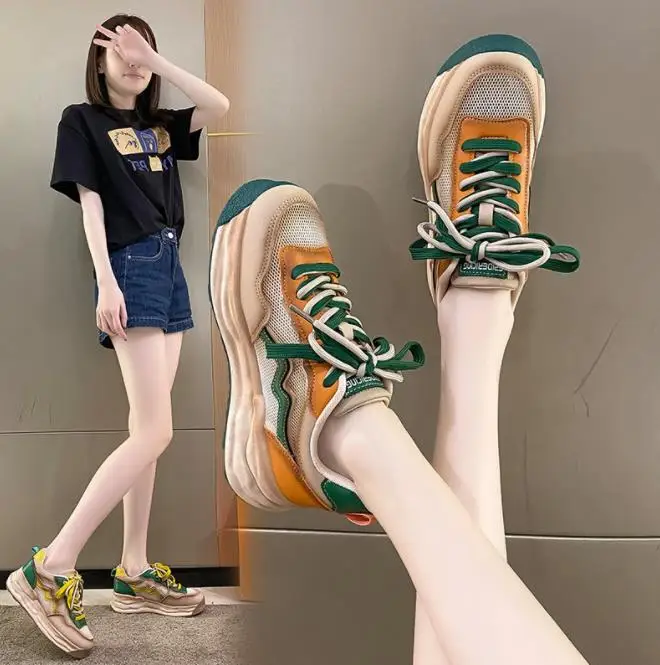 Women Thick-soled Shoes 2022 Summer Fashion New Lace-up Color-blocking Inner Height-increasing Single Shoes Breathable Sneakers