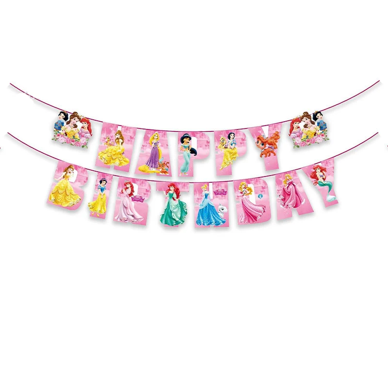 1Set/lot Disney Princess Theme Girs Favor Happy Birthday Flags Decorations Hanging Banner Baby Shower Events Party Supplies