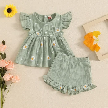 Fashion Newborn Baby Girls Summer Clothing Sets Daisy Print Ruffled Crew Neck Flying Sleeve Tops and Shorts 2 Pcs Set 1