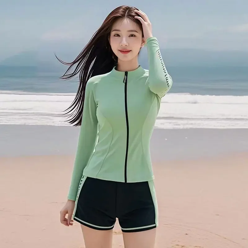 Women's Conservative Two-Piece Swimming Suit Long Sleeve Surfing Diving Thermal Bathing Suit Three-Piece Set Long Pants - 3