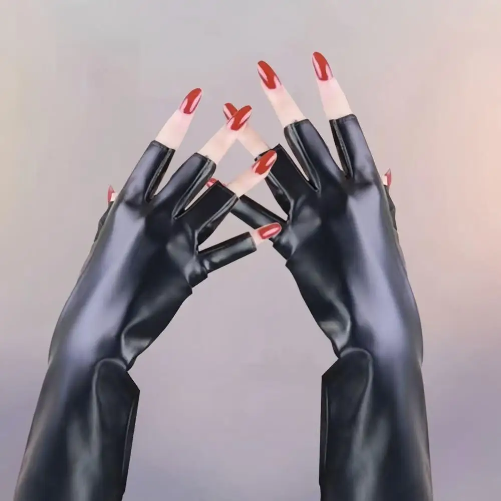 Women Winter Warm Long Sheepskin Fingerless Gloves Fashion Punk Black Half Finger Gloves Ladies Dancing Party Accessories Gifts