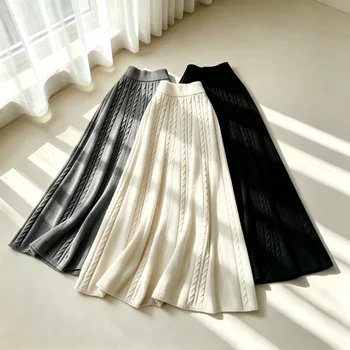 Jupe midi en maille torsadée pour femmes, taille haute, coupe ample en A, longue jupe en tricot douce et chaude, décontractée pour l'hiver, 3 couleurs