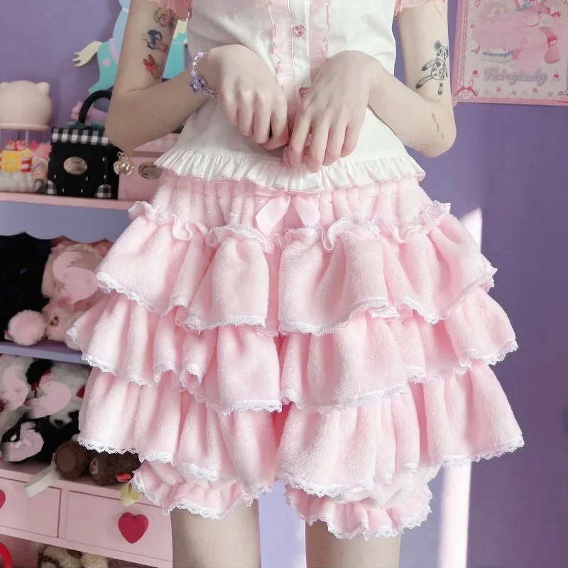 

2024 Harajuku Y2k Sweet Pink White Pumpkin Pants Lolita 90s Autumn Winter JK Plush Shorts Japanese Kawaii Ruffles Lantern Shorts