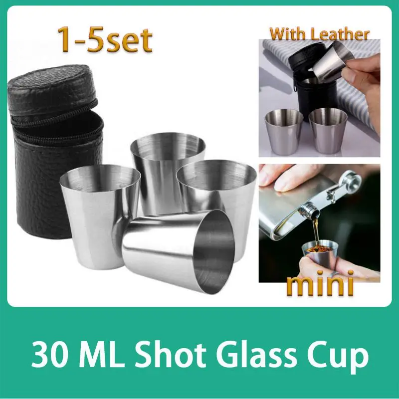 

4 Pcs/Set Polished 30 Ml Mini Stainless Steel Shot Glass Cup Drinking Wine Glasses With Leather Cover Bag For Home Kitchen Bar