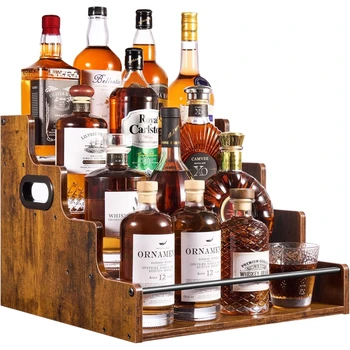 Liquor Bottle Display Shelf, Coffee Syrup Rack Organizer, 3 Step Countertop Liquor Wine Rack, mini bar,liquor cabinet, Home Retro Bar Shelf Stand for Liquor Whiskey, Spirits 1