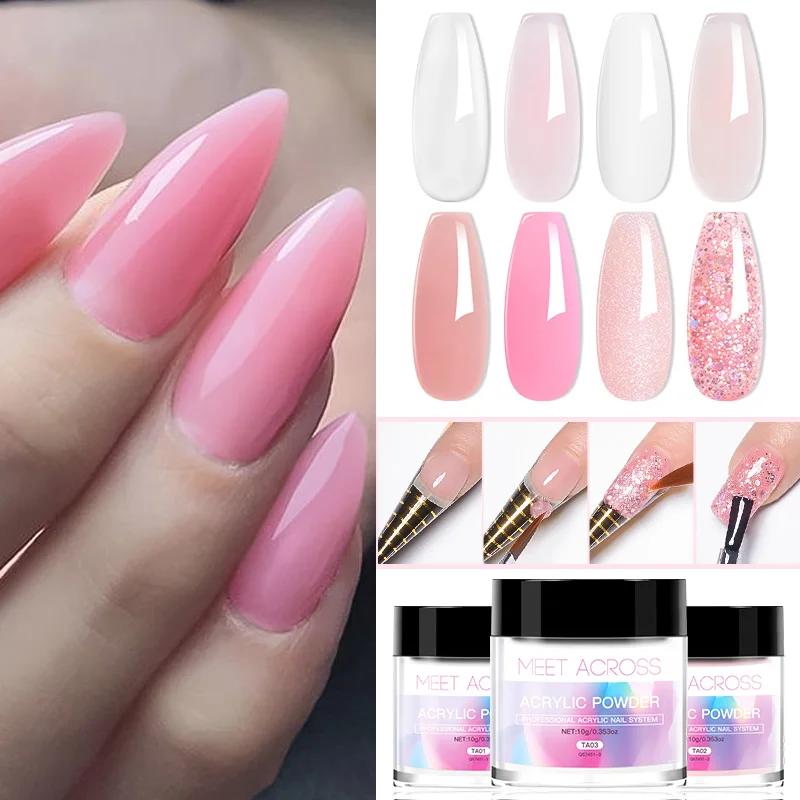 MEET ACROSS 10g Clear White Pink Acrylic Powder Acrylic Nail Polymer for French Nail Extension No Need Lamp Cure Manicure