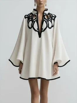 2026 New Hollowed V-neck Mini Dress for Women Flared Sleeves Pleated Dress Spring Stylish Contrast Trims Elegant Party Dress
