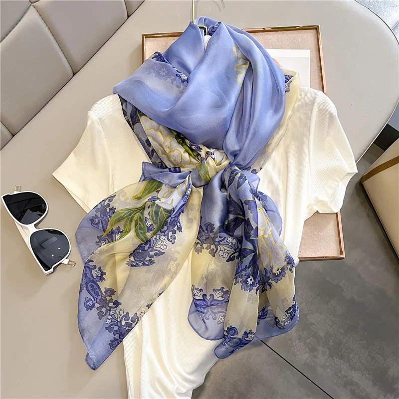 

2023 Thin Silk Scarf Women Hijab Sunscreen Wraps Summer Beach Stoles Fashion Floral Large Shawls Spring Foulard Female Bufanda