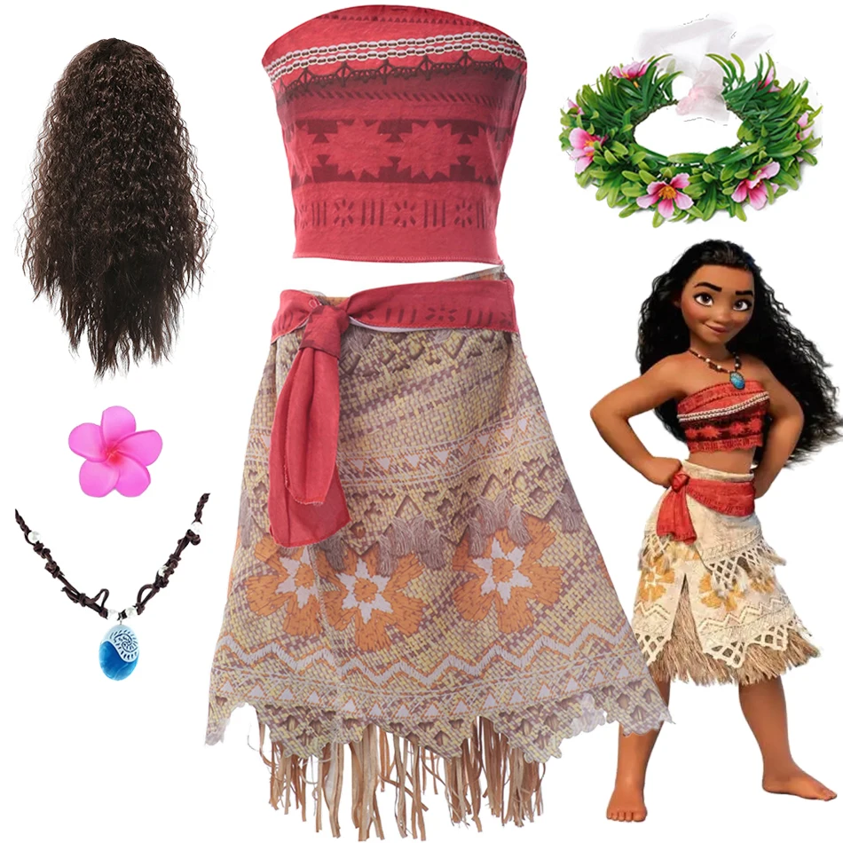 

Disney Girls Moana Princess Christmas Costume Outfits Ocean Adventure Role Play Birthday Strappy Crop Top + Tassel Skirts Set