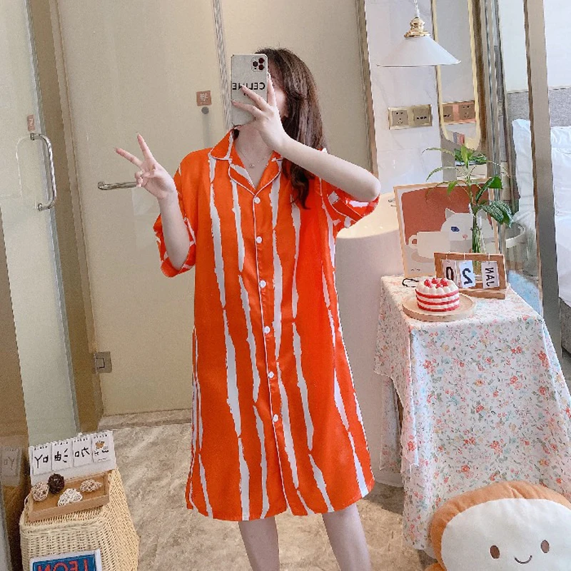 Summer Soft Silk Nightgown Half Sleeve Grid Zebra Cow Stria Printing Homedress Leisure Satin Nightdress For Women Shirt Skirt
