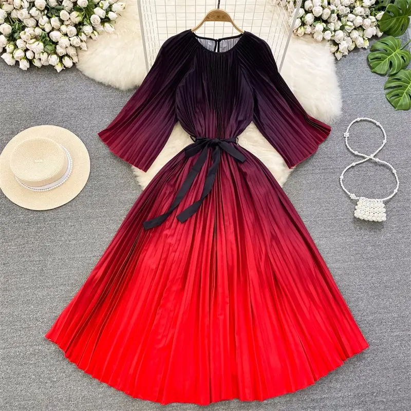 

2023 Spring Oversize Dress Women Vintage Style Long Sleeve Round Neck Wrapped Waist Slim Bow Gradient A-Line Pleated Dress Z1030