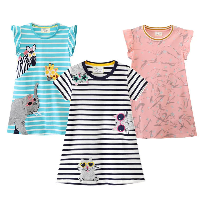 

Summer Cats Animasl Applique Short Sleeve Party Kids Dresses Hot Selling Toddler Children's Frocks Costume