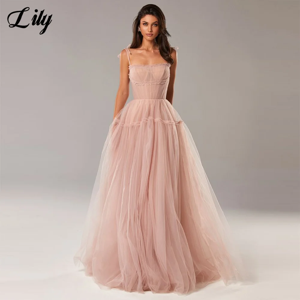 

Lily Pink Prom Dresses Spaghetti Strap Celebrity Dresses Pleat Sweetheart Women's Evening Dress Net A Line Formal Gown 프롬 드레스