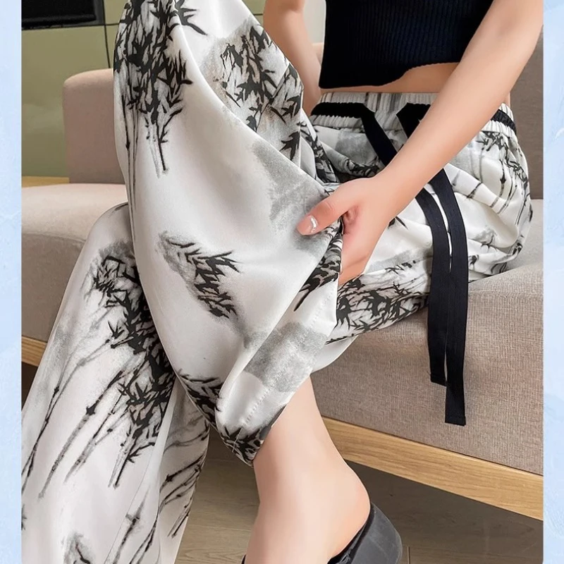 Ice Silk High Waisted Wide Leg Pants Women's 2024 Summer Thin Ink Chinese Style Casual Sunscreen Chiffon Printed Pants