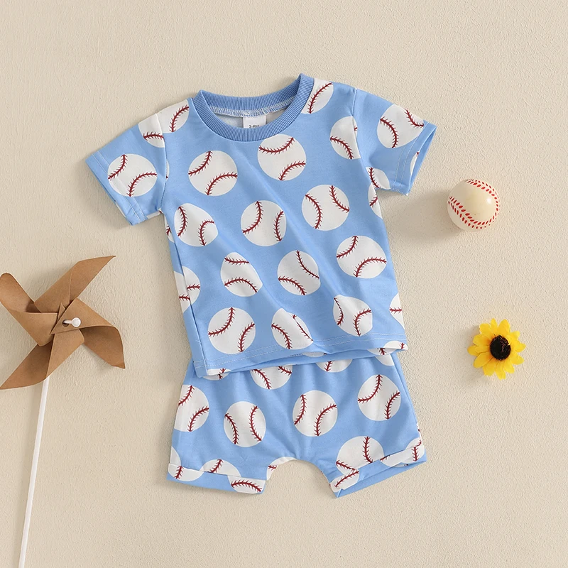 Toddler Baby Boy Shorts Set Baseball Print Short Sleeve T-shirt Elastic Waist Shorts Summer Outfit 3