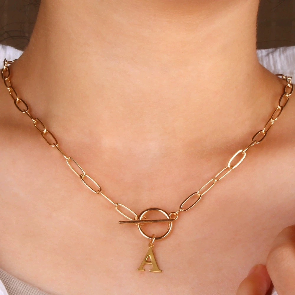 English Letter Initial Necklace 18K Gold Plated Stainless Steel OT Clasp Paper Clip Chain Necklace for Women