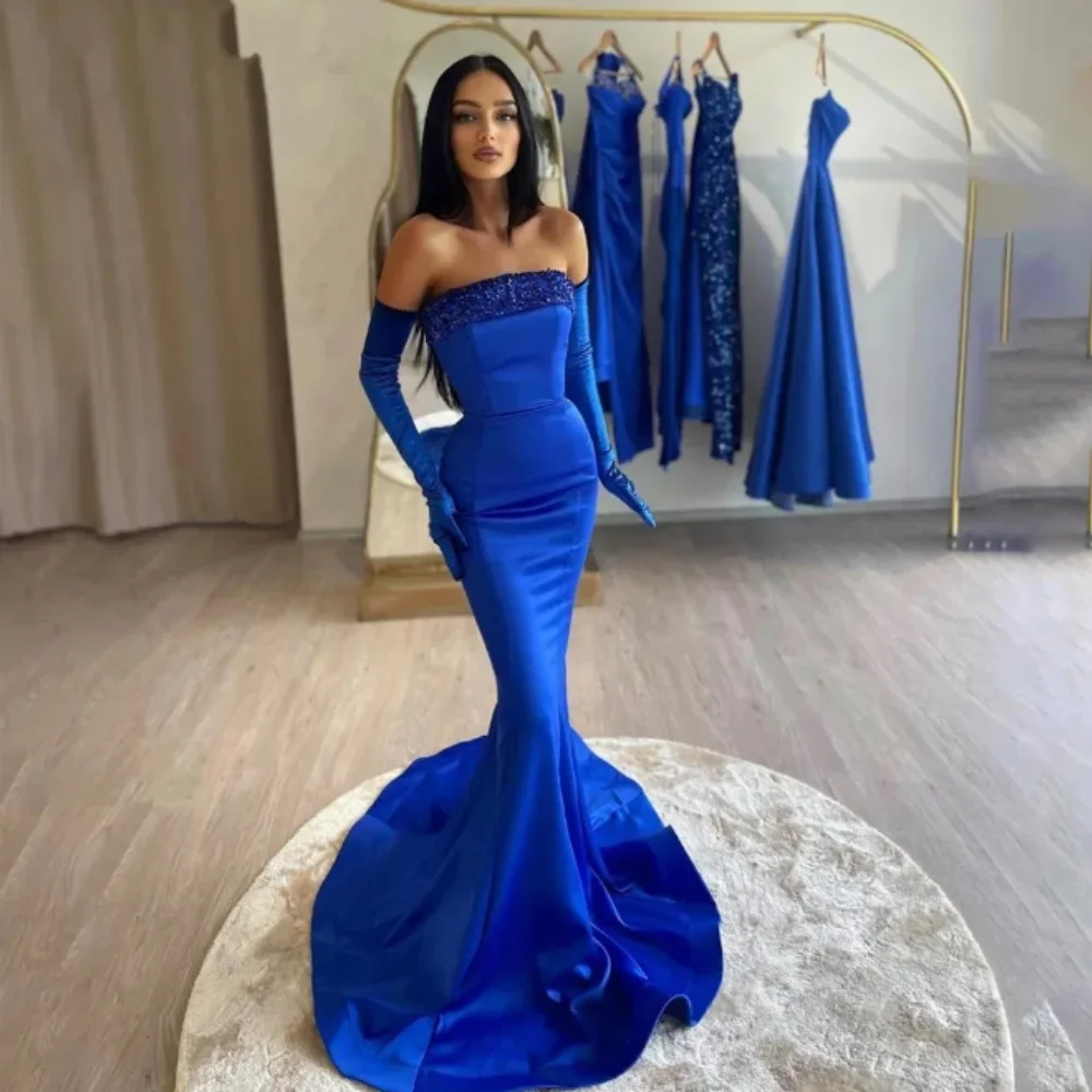 

2024 Blue Mermaid Sexy Evening Dress Strapless Beadings Sequined Stain Pleat Floor Length Prom Formal Party Gowns Robe De Soiree