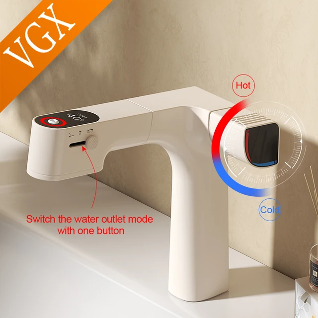 VGX Rubinetti per bagno purificati Rubinetto con filtro dell'acqua estraibile Miscelatore per lavabo bianco Rubinetto per lavabo Display a LED gourmet Gru per rubinetteria in ottone 4