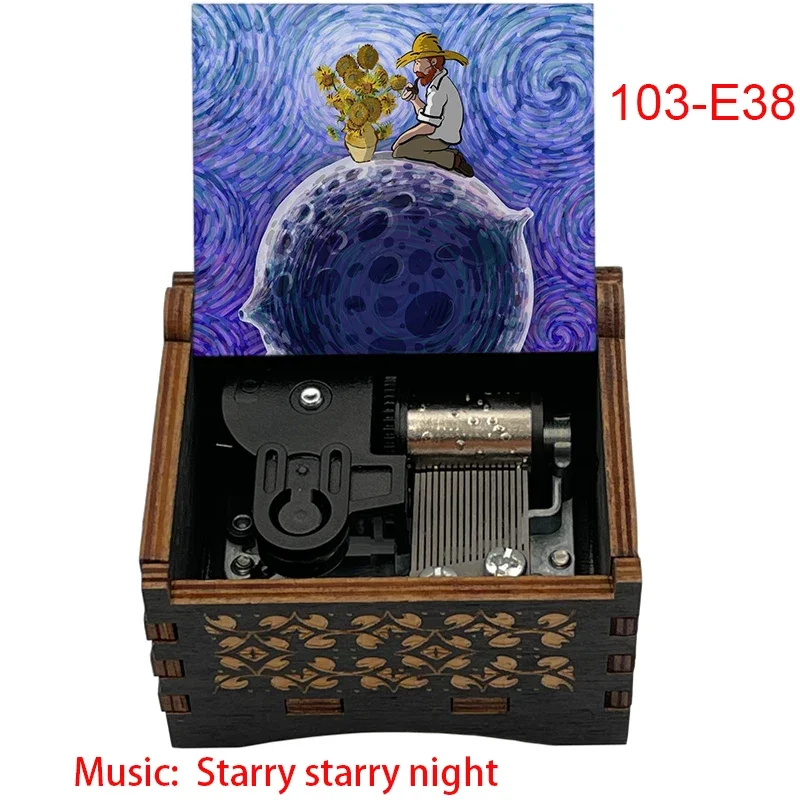 Color Printed Wooden Starry Starry Night Wind Up Music Box 18 Note Mechanical Movement Movie Fans Birthday Cute Souvenir Gifts