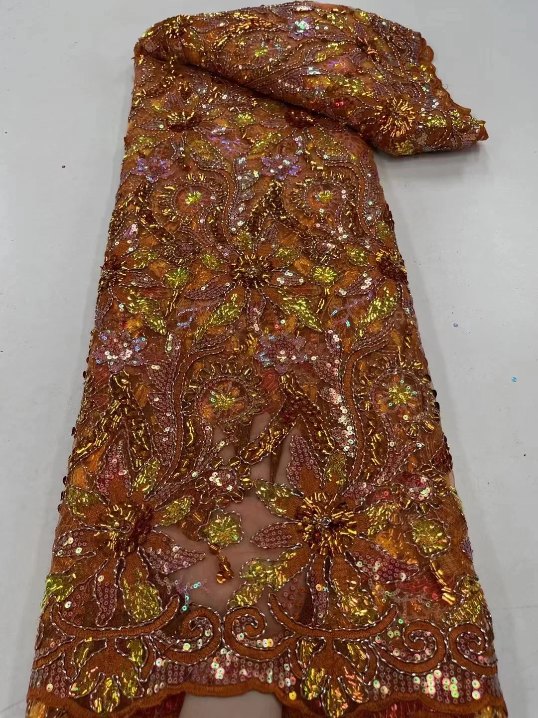 

African Net Lace Sequin Fabric Luxury Hand Beaded Embroidery Tulle Lace Fabrics For Nigeria Wedding Dress Sewing Material QF0737