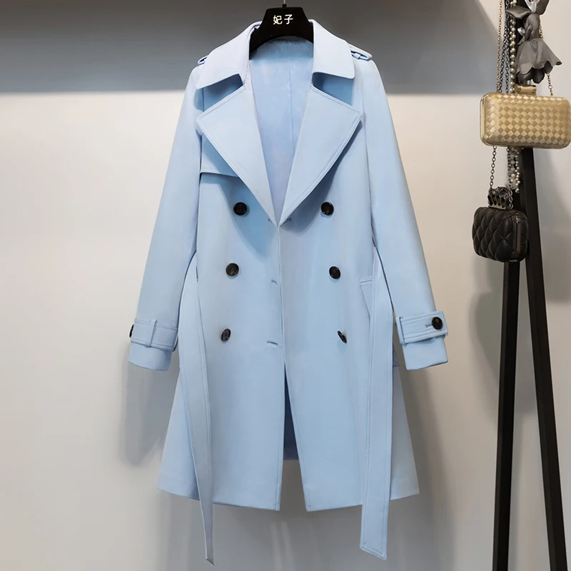 Classic Simple Elegant Trench Coat Women's Mid-Length Double Breasted 2023 Spring New Sky Blue Windbreaker Top Overcoat Outwear