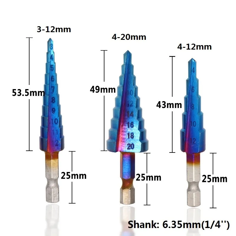 XCAN Step Drill Bit 3-12/4-12/4-20mm HSS Cone Drill Bit 3pcs Nano Blue Coated Metal Stepped Drill Straight Core Drilling Tool