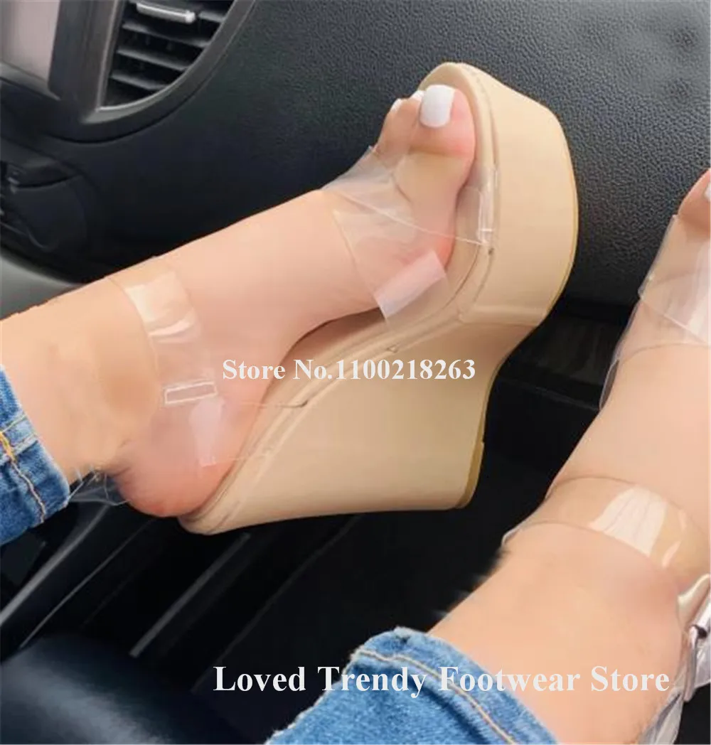 

Western Style Beige High Platform Patchwork Clear PVC Wedge Sandals Open Toe Transparent Straps Ankle Straps Buckles Wedges