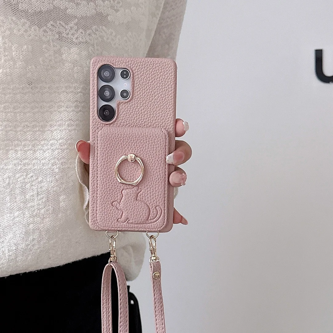 Luxury Leather Card Wallet Case with Shoulder Strap and Makeup Mirror Cover - Featuring Ring Stand Functionality