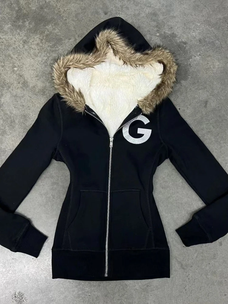 Giacca da cappotto con motivo leopardato a stella nera retrò Giacca da donna con collo in pelliccia con cerniera Giacca con cappuccio Harajuku Moda Streetwear Autunno Inverno Nuovo