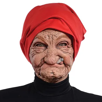 재미있는 흡연 할머니 라텍스 마스크, 주름진 얼굴 및 빨간 스카프 마스크, 할머니, 할로윈 파티 코스튬 소품 2024, 1 개