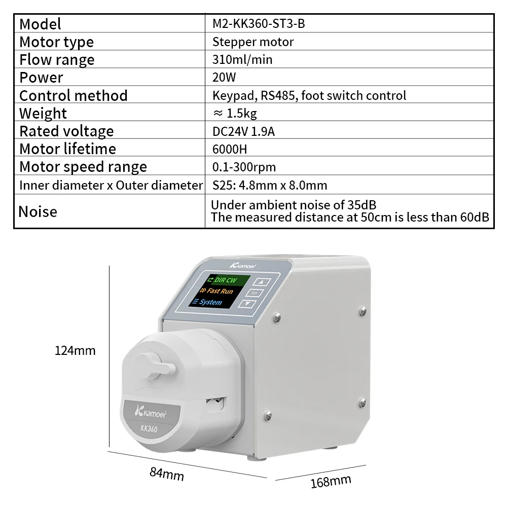 Kamoer 310ml/min M2-KK360 Multi-channel Peristaltic Pump 24V Quick Tube Change High Precision Closed Loop Motor 300rpm for Lab