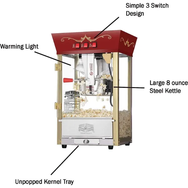 Matinee Popcorn Machine-8oz Popper with Stainless-Steel Kettle, Reject Kernel Tray, Warming Light, and Accessories by Great