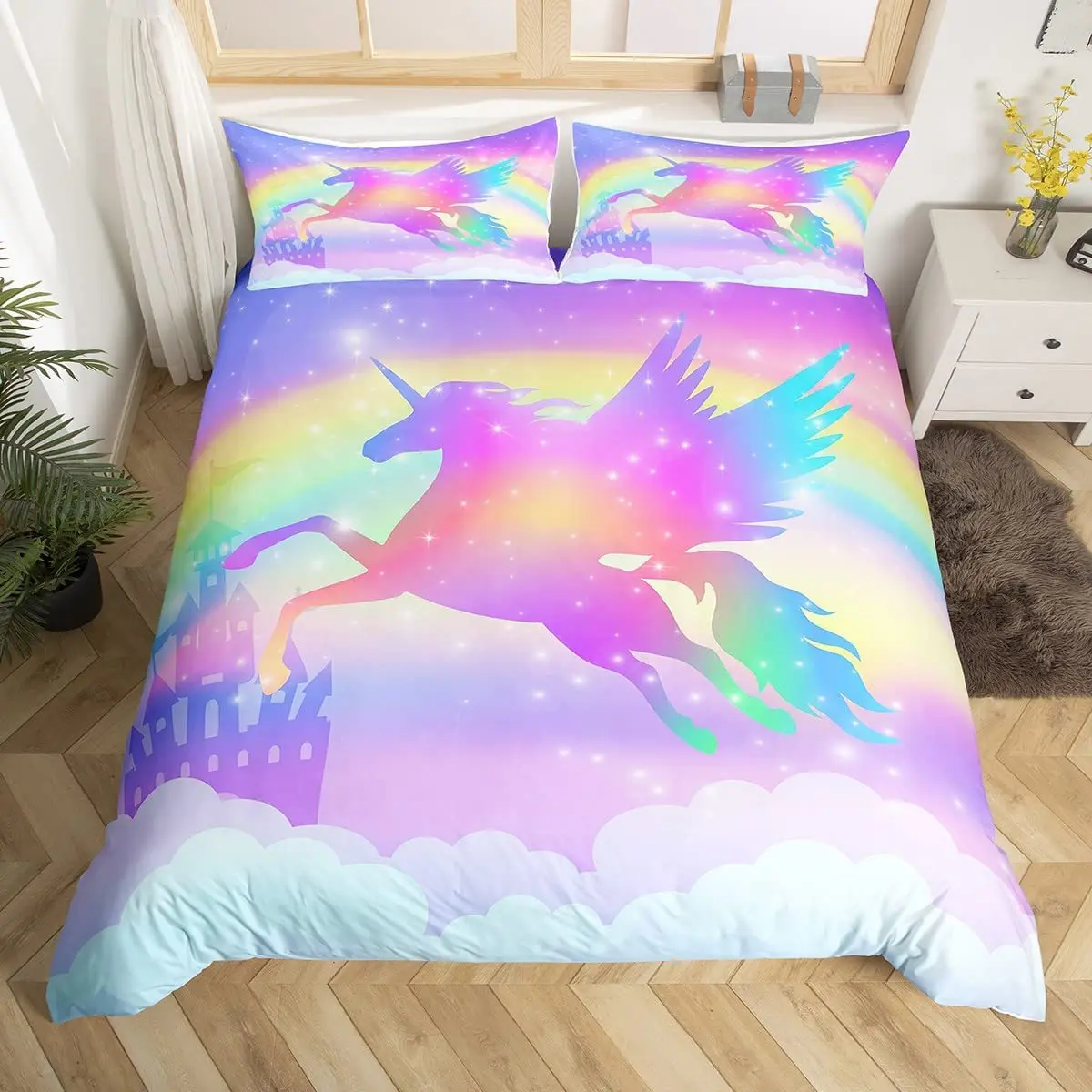 

Unicorn Duvet Cover King Cartoon Castle Comforter Cover Dreamy Horse Magical Animal Bedding Set Rainbow Stars Bedspreads Cover