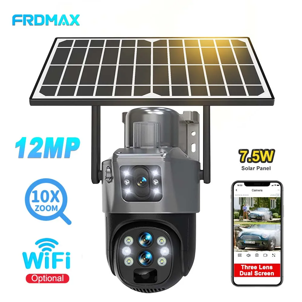 6K 12MP WiFi Solar Camera 10X Zoom Three Lens Outdoor PTZ Video Surveillance Human Detection Security Protection Smart CCTV Cam
