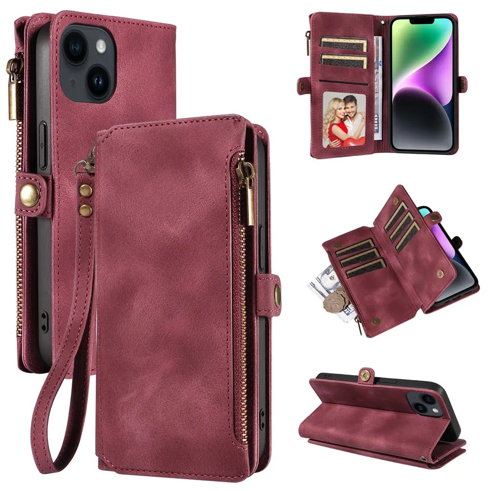 Multi-pocket Leather Wallet Case with Flip Handbag Strap and Zip Pouch